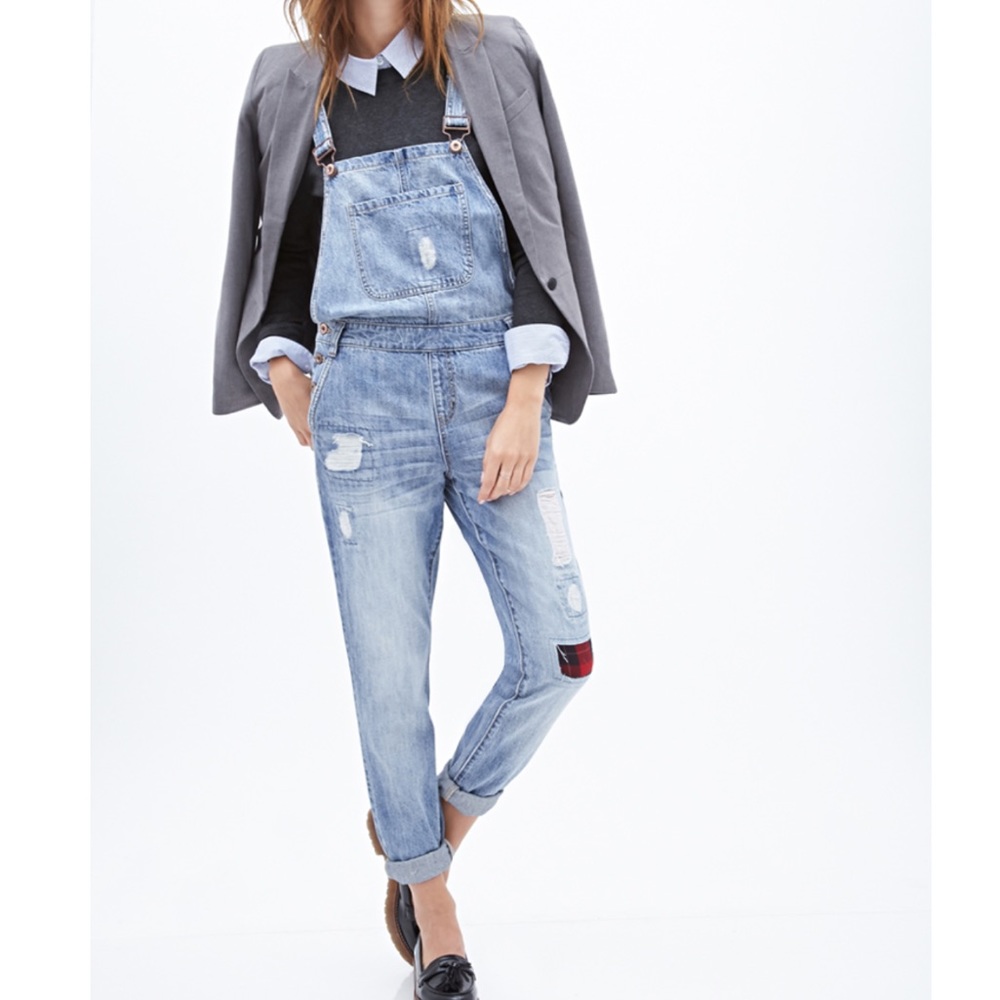 Forever 21 light wash distressed patch overalls